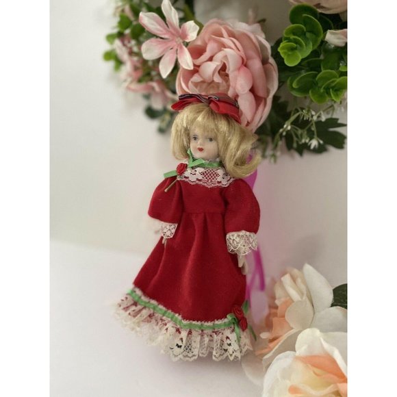 Vintage Porcelain‎ 8″ Doll with Long Red Dress Lace - Picture 3 of 12